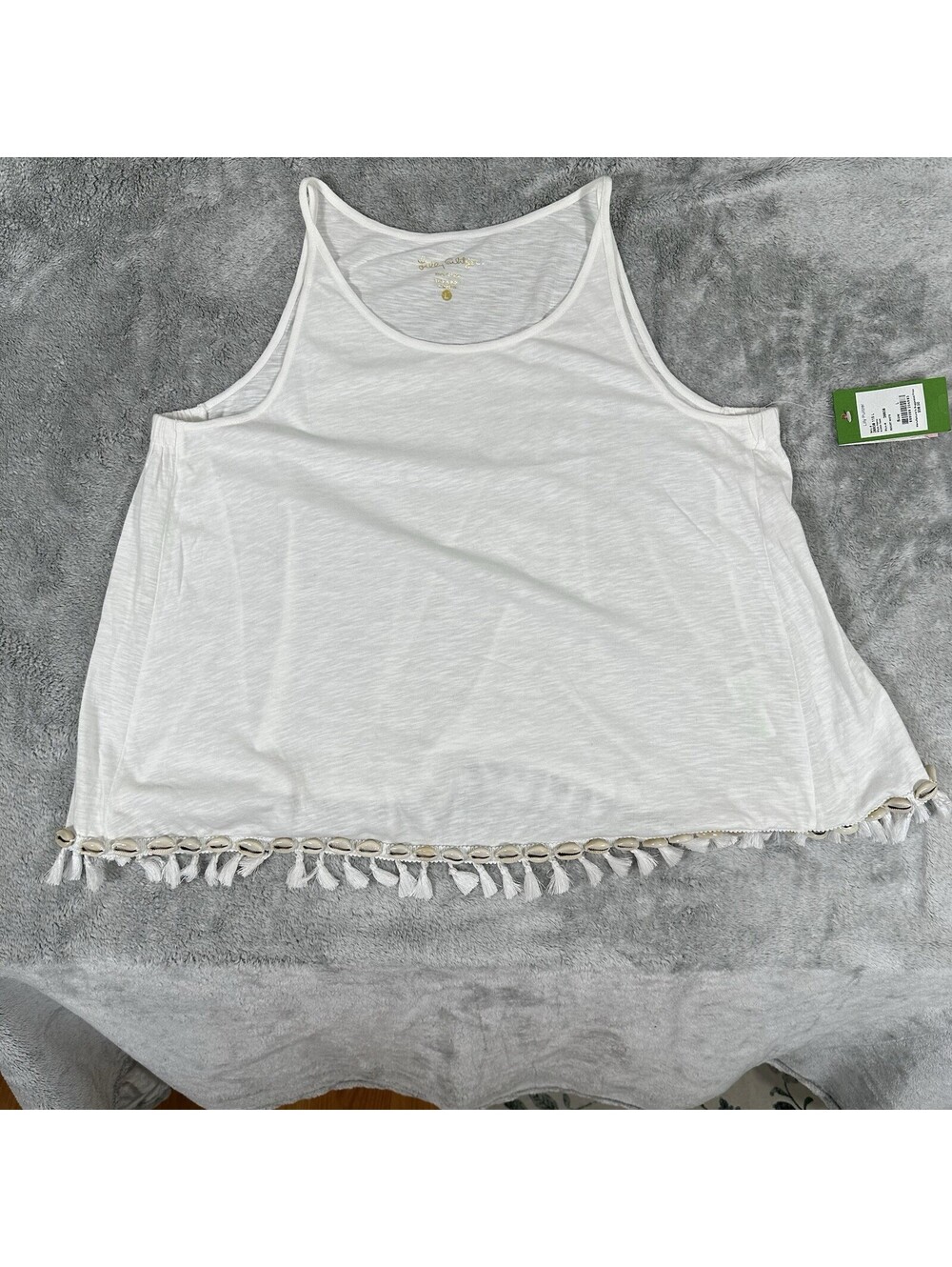 Lilly Pulitzer Women’s L McKee White Tank Top Shell Tassel Fringe Cotton Resort